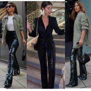 NEW Zara Sequinned Black High Waist Trousers Pants Slit Sz L